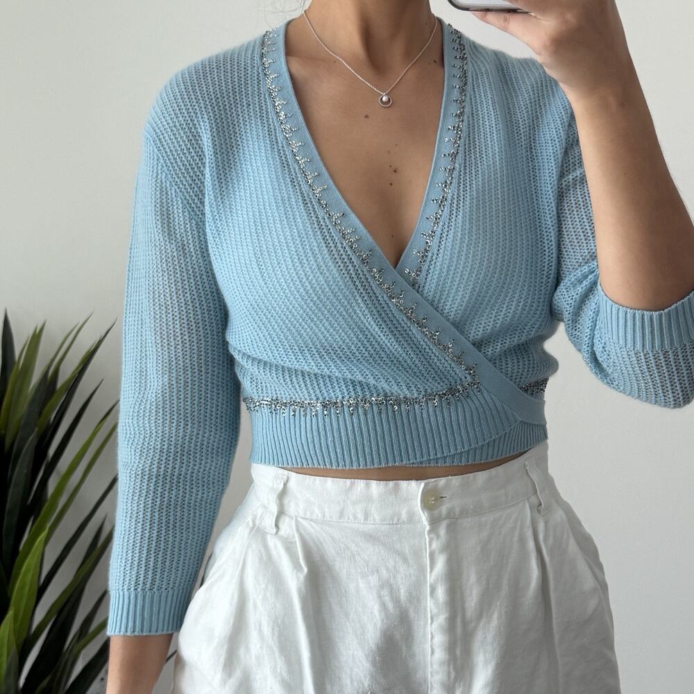 Neiman Marcus Cashmere‎ Wrap Cardigan Large Blue Cropped Sweater Embellished